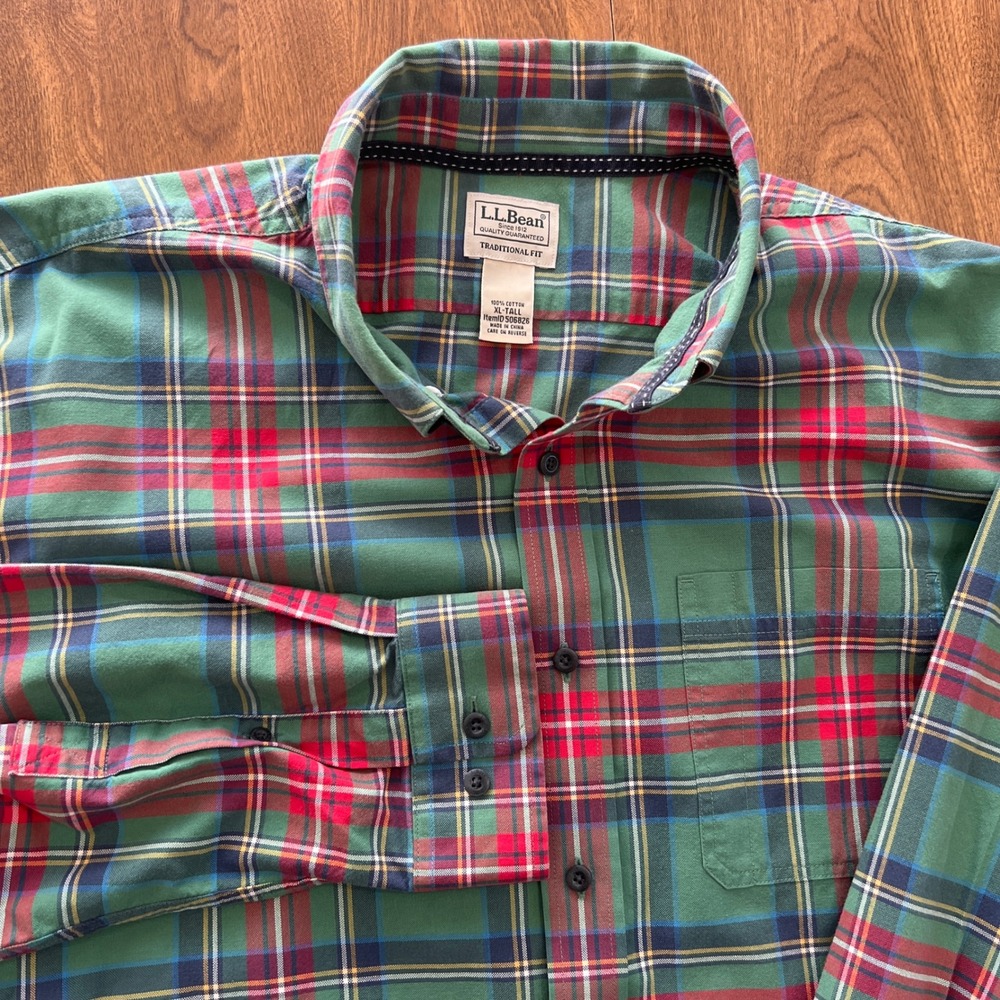 LL Bean Mens XL Tall Plaid Button Down Shirt Green Red Cotton Traditional